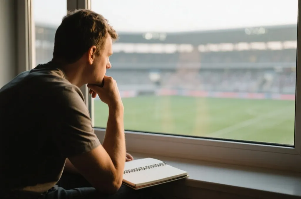清晨一人坐在窗边思考，笔记本记录观赛与习惯改变
