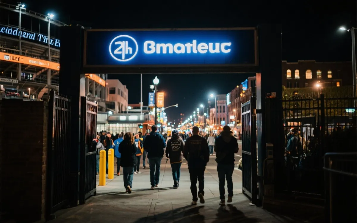 夜晚球迷在球场外的安全回家路线与城市灯光氛围