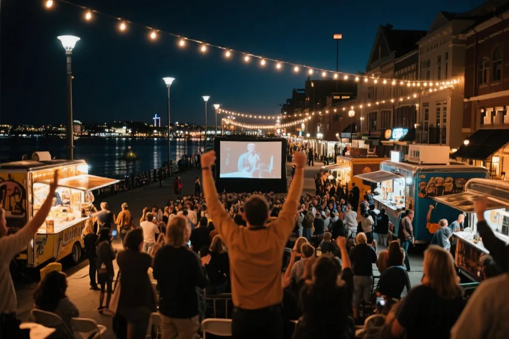 海滨或商业街的公共观赛区，夜色下的大屏与人群，餐车与灯串营造节日感