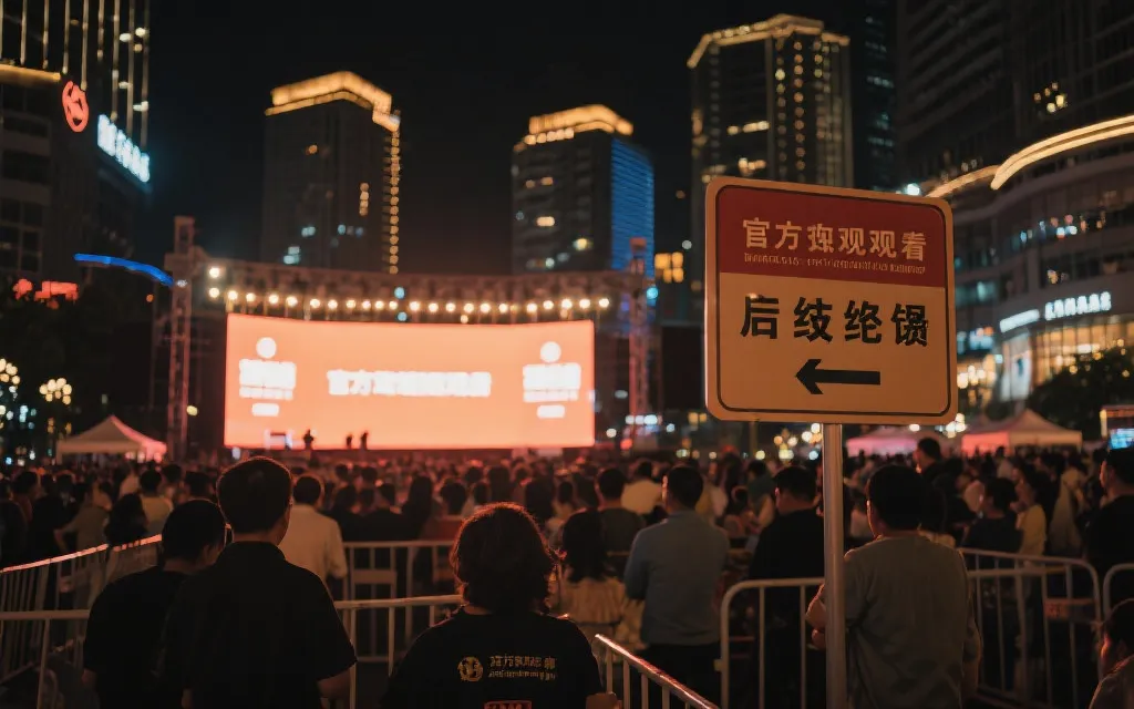 城市广场的官方球迷观赛区，大屏幕与灯光，观众席与安保指引