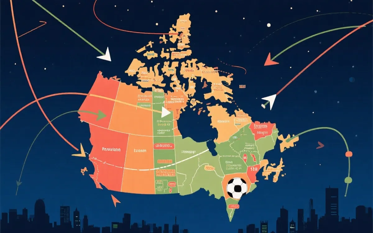 北美联合举办世界杯的城市与旅行距离示意,球迷视角的路线图